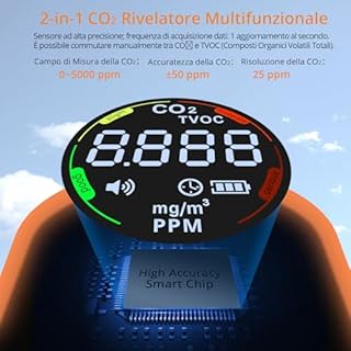 Neoteck Misuratore CO₂ e TVOC 2 in 1 Portatile, Rilevatore di Qualità Aria con Allarme Acustico e Visivo, Display Luminoso Regolabile, Batteria Ricaricabile, Monitor per Casa, Ufficio e Scuola
