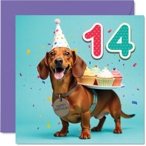 Stuff4 14th Birthday Cards for Girls and Boys, Party Dog