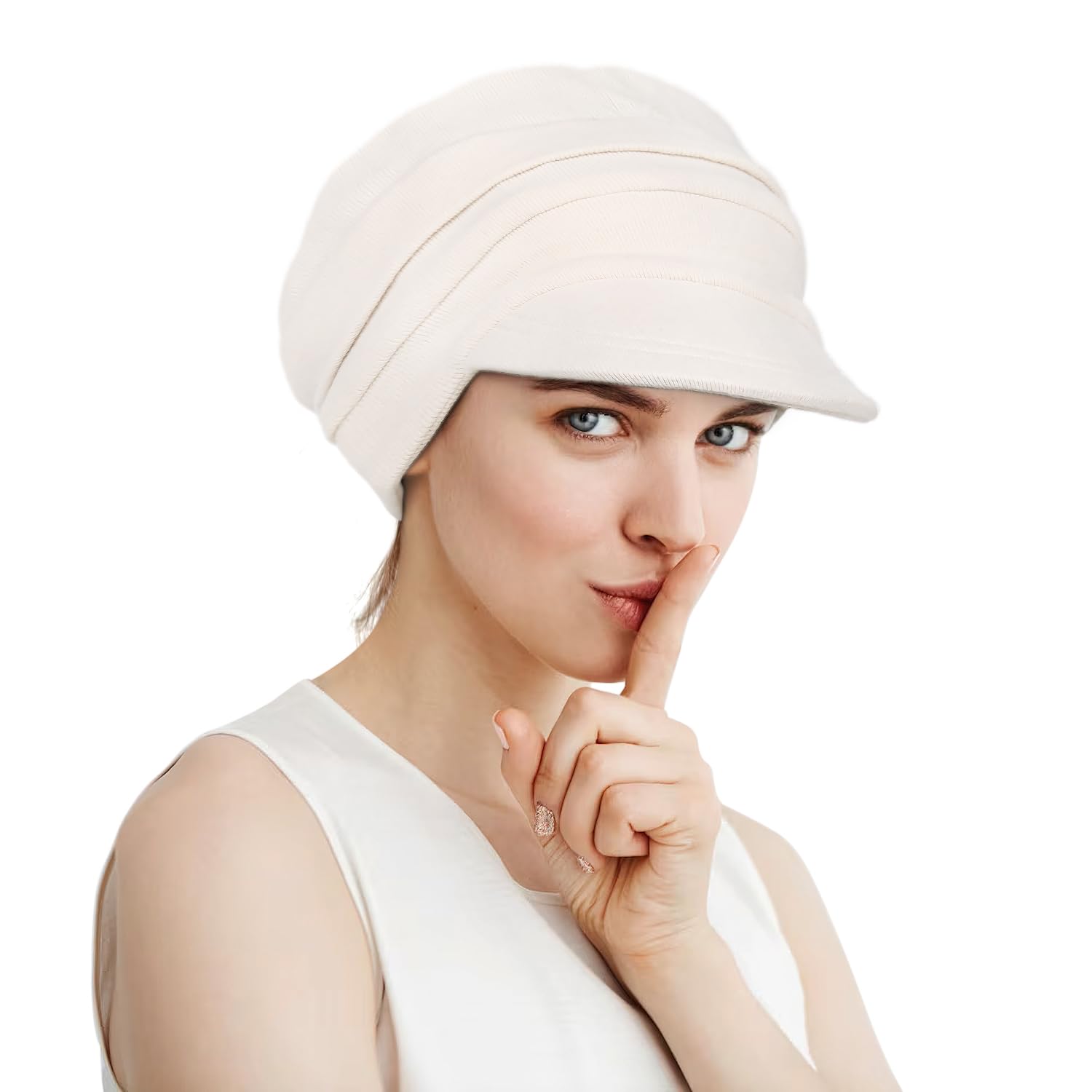 Alnorm Winter Knit Beanie Hats for Women, Silk Satin Lined Chunky Caps Off White