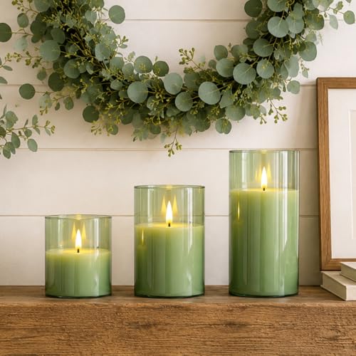 Image of Homemory Green Glass Flameless Candles, Battery Operated LED Pillar Candles with Remote Control and Timer, Radiance Candles, Real Wax, Set of 3,D3 xH4 5 inch 6 inch