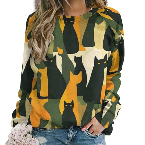 Sweat femme imprimé chat manches longues col rond doux et fluide