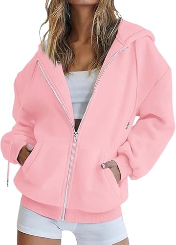 Kenhansion Womens Zip Up Hooded Sweatshirt Fall Winter Long Sleeve Pullover Top Oversized Sweatshirts Fashion Hoodies Sweater (Pink,X-Large)