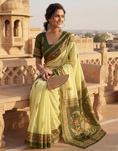 Image of SIRIL Women's Printed Chanderi Cotton One Minute Ready to Wear Saree with Unstitched Blouse Piece