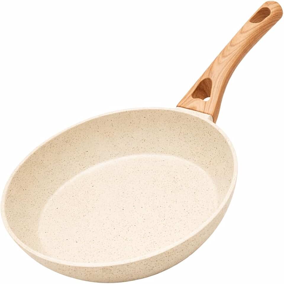 Frigideira Grande Em Cerâmica Creme Cabo De Madeira Fundo Indução Fogão a Gás Elétrico e Indução Saudável Frita Sem Usar Óleo Durável