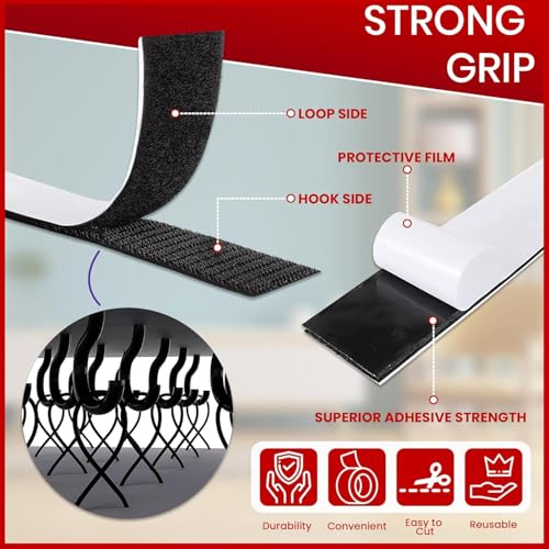 Image of Bonzella Self Adhesive Hook and Loop Tape, Mosquito Net Mounting Tape for Office Use, Photo Frames, Multipurpose Double Sided Adhesive Hook Loop Tape for Crafting & Wall Hanging Black (25m X 25mm)