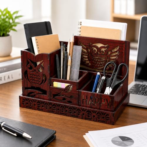 Image of Zesta Wooden Desk Organizer Pen Stand Remote Holder Card Slot | Table Accessory Office Desk Study Room | Pencil Storage Stand Stylish Workspace Decor (Rosewood, Owl Organiser)