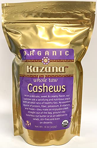 Kazana Organic Whole Raw Cashews 16 oz (454 g), Unsalted, Keto friendly