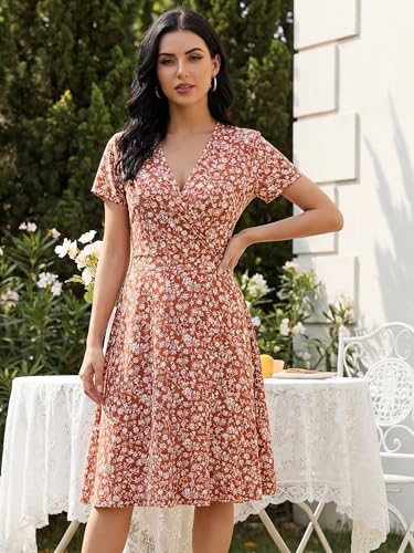 Image of MSBASIC Womens Summer Wrap V Neck Casual Dresses Floral Short Sleeve A-Line Midi Sundress