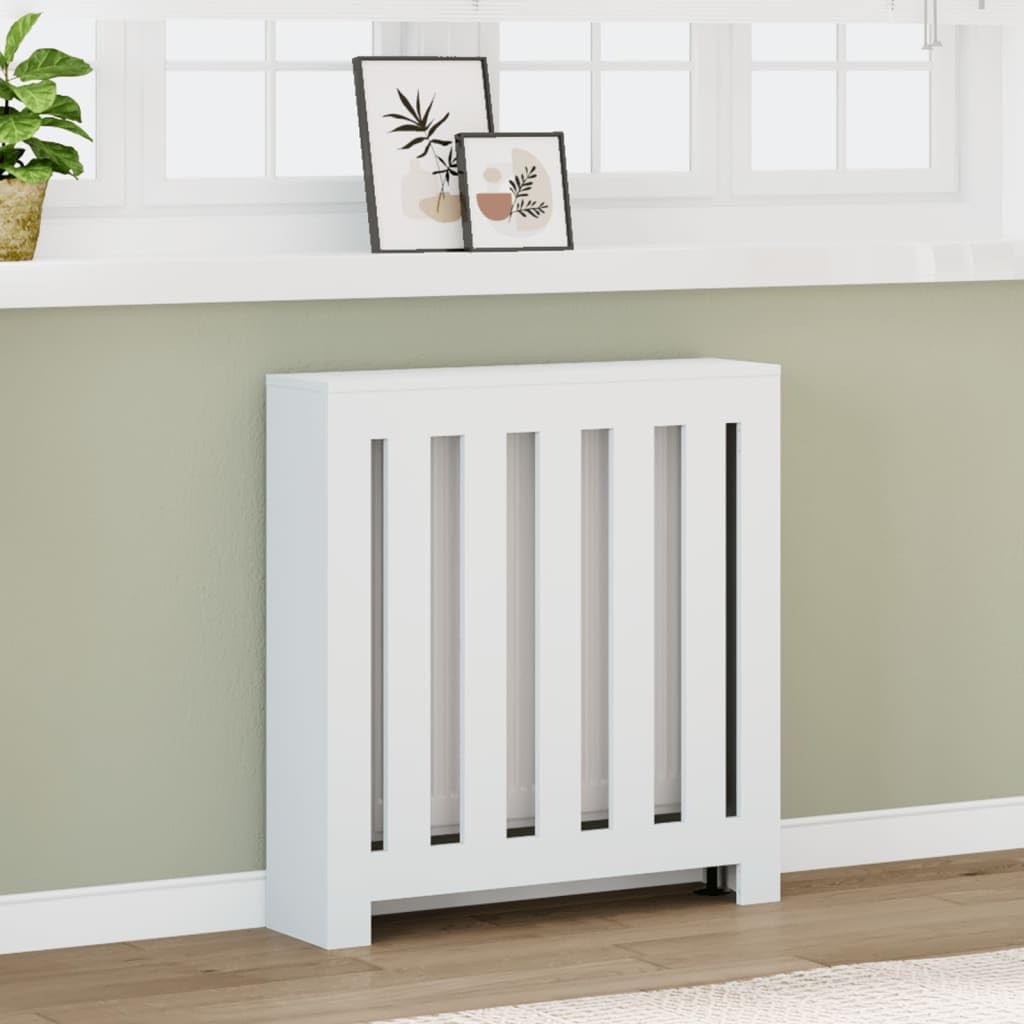 White Engineered Wood Radiator Cover Cabinet 30.7x7.9x32.3 Inches with Shelf, Modern Slatted Design for Living Room, Durable and Easy Clean Surface, Stable Moisture Resistant