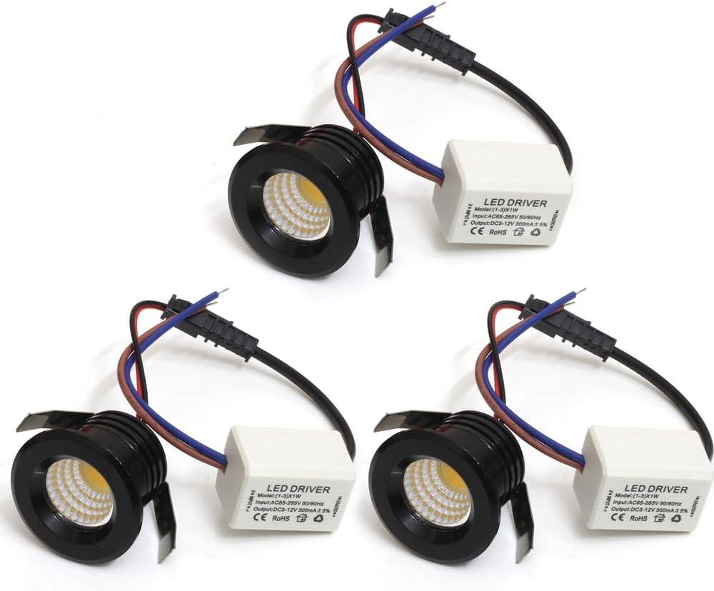 3W Mini LED Recessed Ceiling Spotlight with Driver, Black, 3 Pack, AC 110V-220V, 3000K Warm White, Under-Cabinet Display Light