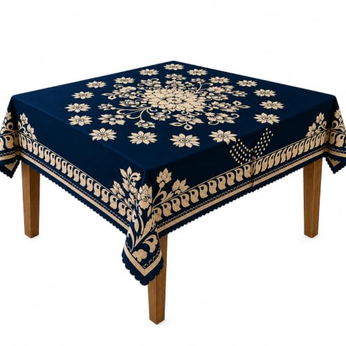 Image of Floral Dining Table Cover for 4 Seater | 58 x 38 Inch Rectangle Polyester Table Cloth | Washable Fabric Table Cover for Dining Table | Dust & Scratch Protection | Blue
