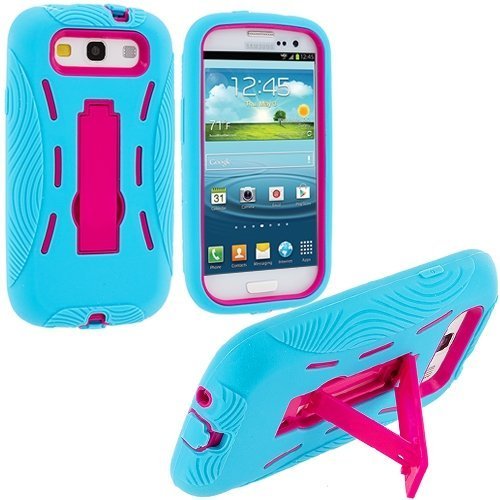 JEXON Baby Blue / Hot Pink Hybrid Rugged Hard Silicone Case Cover w/ Stand for Samsung Galaxy S3 S III i9300 / I535 / L710 / T999 / I747