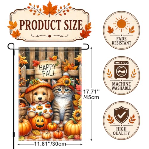 Image of Fall Thanksgiving Garden Flag, 12x18 Inch Dog Cat Pumpkin Yard Decor | Double-sided polyester with happy fall puppy and kitten artwork, adding cozy autumn charm to outdoor displays