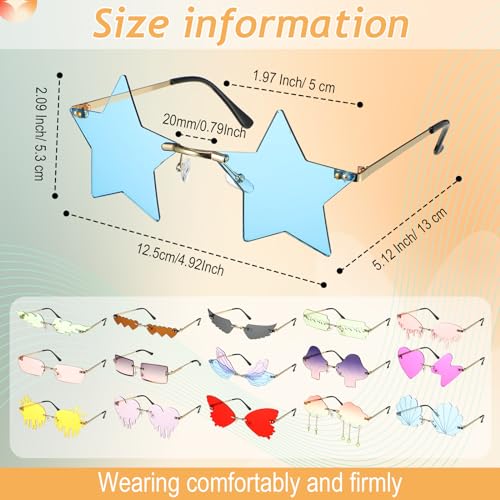 16 Pcs Irregular Rimless Sunglasses Rectangle Star Cloud Flame Butterfly Shaped Heart Sunglasses Frameless Disco Glasses Party Favors Photo Props for Women Men Costume Unisex2