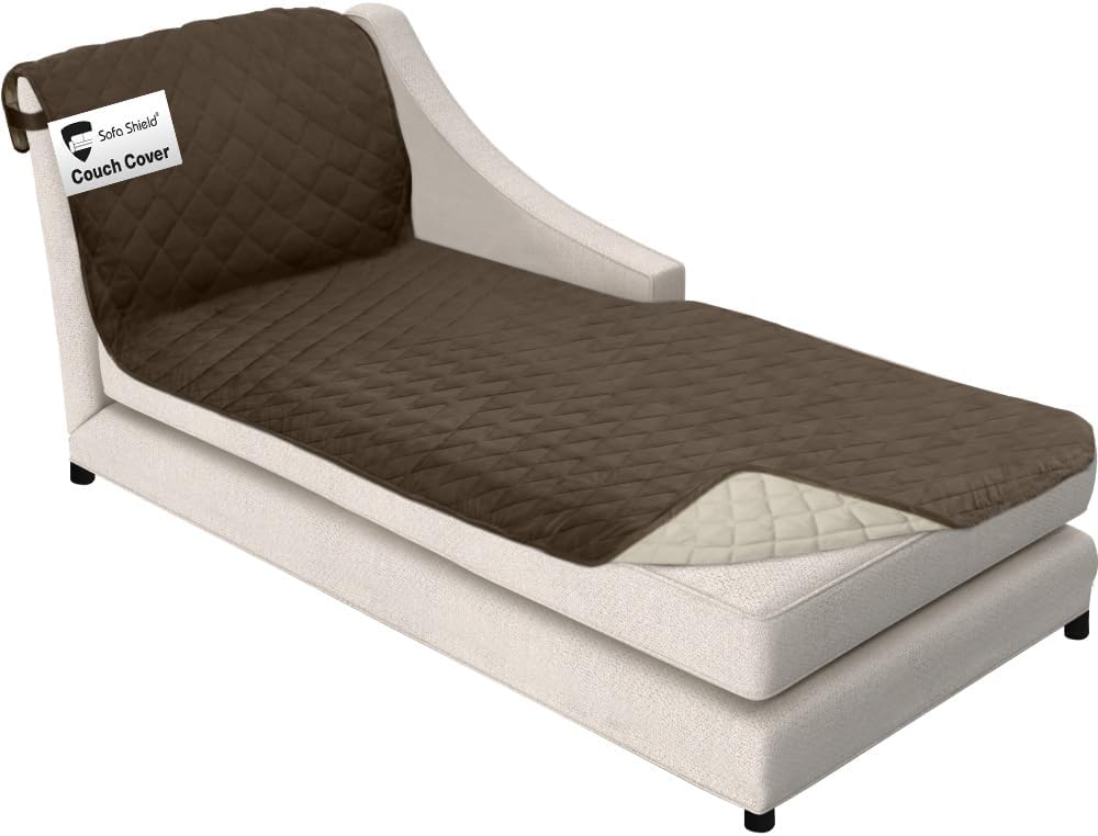 Sofa Shield Chaise Slip Cover with Patented Strap, Cushion Protector, US Designed Reversible Stain and Dog Tear Resistant Slipcover, 102x34 inch Seat, Washable Covers for Dogs Pets, Chocolate Beige
