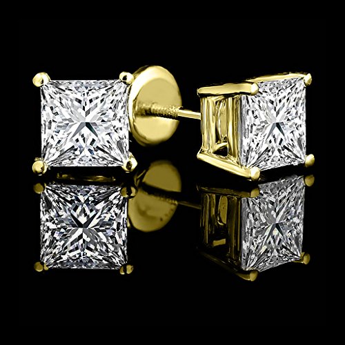 Parikhs Princess Cut Diamond Stud Popular Quality Screw Back 14K Yellow Gold (0.10Ct, Clarity-I2) #TOP4