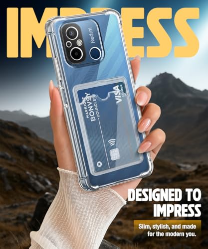 Image of WOW IMAGINE Transparent Back Cover Case for Xiaomi Redmi 12C | Poco C55 | Flexible Built-in Slim Card Pockets Wallet | 360 Camera Protection TPU | Soft Silicone Mobile Cover - Transparent
