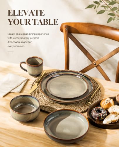 Image of TheTerra Ceramic Dinnerware Set for 4, 16-Piece Plates and Bowls Set | Handmade Reactive Glaze Dish Set, Scratch Resistant, Oven & Microwave & Dishwasher Safe, Mocha Brown