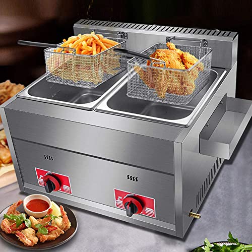 Freidora de gas comercial, freidora de gas de acero inoxidable con doble tanque, freidora de mostrador con cesta, control de temperatura independiente, para cocina profesional.