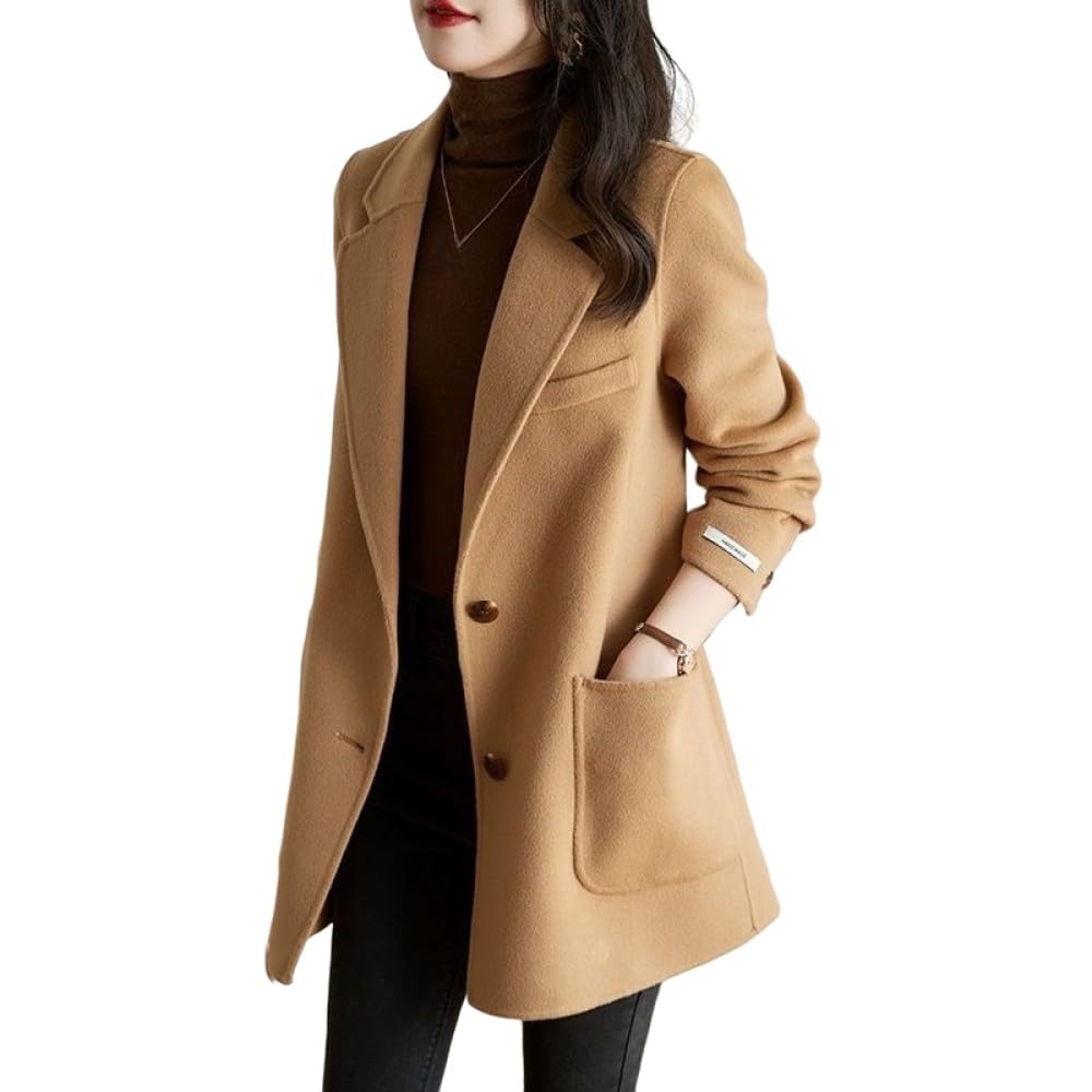 Damen Wollmäntel Für Den Winter,Lange Ärmel,Trenchcoat,Kamel,Gekerbtes Revers,Anzugjacke,Woll Oberbekleidung,Stilvolle Übergangsjacke Mit Knopfleiste Hinten Und Gürteltasche