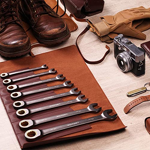 Libraton Sae Ratcheting Combination Wrench Set 8-Pieces Ratchet Wrench 5/16-3/4 Inch Cr-V Constructed With Nickel Plating And Leather Pouch #TOP1