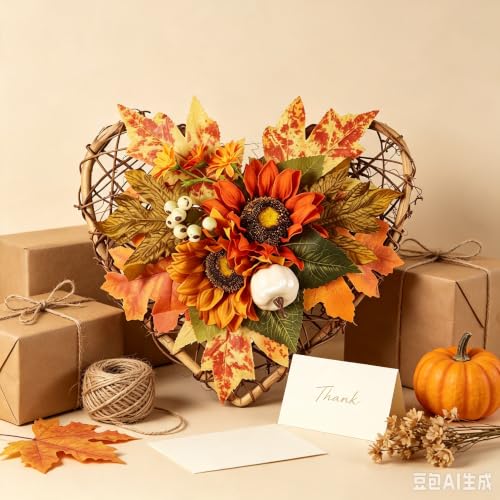 Wreaths for Front Door, 11 Inches Autumn Theme Rattan Weaving Love Framework Simulated Flower Material Fall Decorations,Convenient Suspension Rich Usage Scenarios Fall Decorations for Home Outdoor - image 9