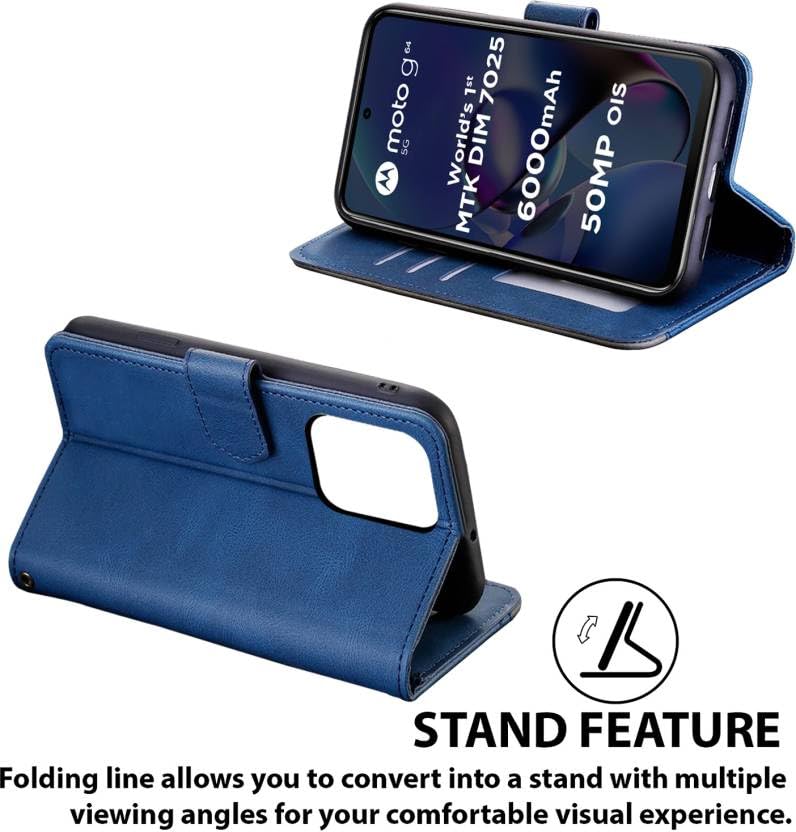 Image of Flip Cover Compatible for Motorola G64 5G | Moto G64 5G | PB2E0003IN | PB2E0005IN | PB2E0006IN | PB2E0007IN Back Cover Soft Silicon TPU Flip Cover Executive Executive Blue, Magnetic Closure