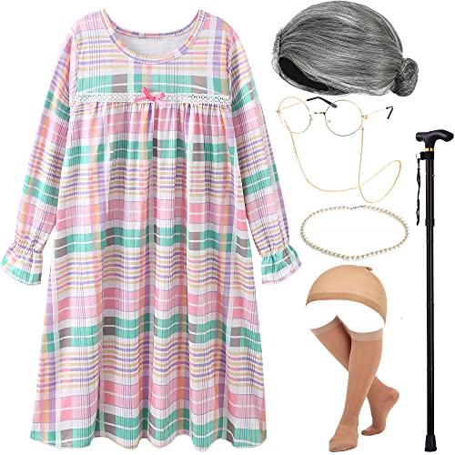EBYTOP Old Lady Costume for Kids 100th Day of School Costume Wig 100 Year Granny Glasses Grandma Little Old Women Cane Accessories,4-6 Years