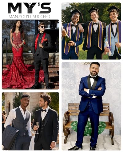 Image of MY'S Mens 3 Piece Tuxedo Set with Bow Tie, Shawl Lapel One Button Jacket Vest & Pants, Slim Fit Suit Prom Party Wedding Tux