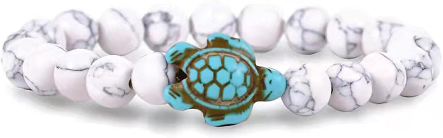 Caiyao 8mm Sea Turtle Natural Stone Beaded Bracelet Set Lava Stone Turquoise Stretchy Elastic Bracelet for Women Men Summer Beach Animal Meditation Jewelry Gift