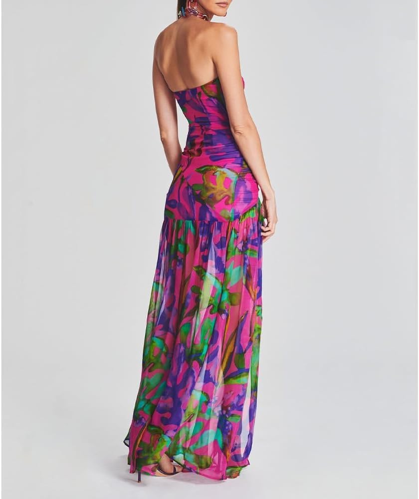 Willow Dance Women Tube Top Dress Printed Mesh Patchwork Maxi Dress Strapless Sexy High Slit Long Dresses Party Clubwear - Image 2