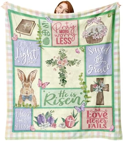 Zzkol Christian Easter Cross Bunny Flannel Throw Blanket, Religio...