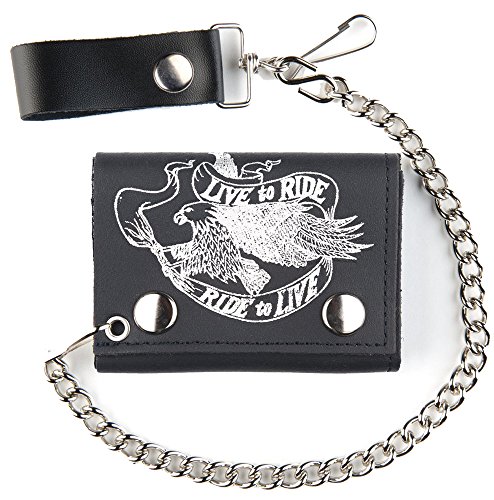 LIVE TO RIDE FLYING EAGLE WITH RIBBON Mens Biker Leather Tri-fold Wallet with Chain