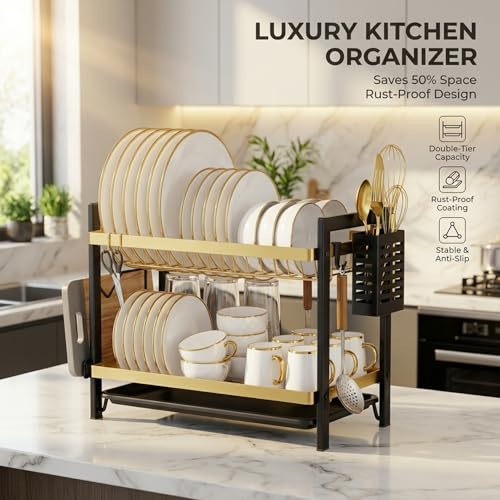Image of COMFYHOME Utensils Drying Rack,2-Tier Stainless Steel Dish Drying Rack, Saving Countertop Organizer with Drainboard, Drainer Tray & Utensil Holder,Rust-Resistant Suitable for Plates, Cutlery, Bowls