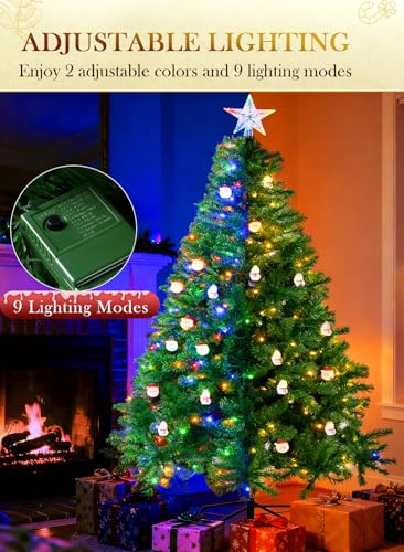 180cm Weihnachtsbaum künstlich, Künstlicher Weihnachtsbaum mit Beleuchtung, 9 Lichtmodi und 2 Farbwechsel, Grüne PVC, Feuerbeständig, Tannenbaum mit Metallständer für Weihnachten Dekoration