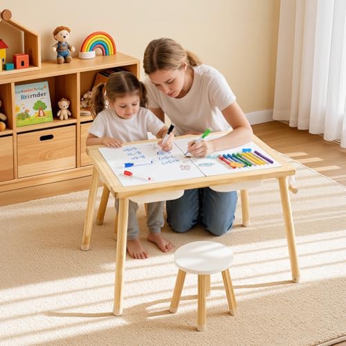 Image of VEVOR Sensory Table for Toddlers, Wooden Kids Activity Table with 2 Stools, Double-Sided Board, Storage Bins, and Non-Slip Feet, for Boys and Girls Playing Sand and Water, Drawing, Studying, Dining