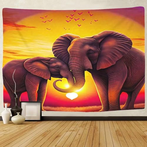 Tenture éléphant 3D coucher de soleil 180x230cm pour deco chambre garçon