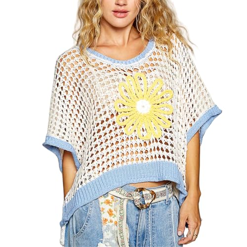 Women Floral Crochet Sweater Short Sleeve Crewneck Hollow Out Lightweight Knit Pullover Tops 2025 Summer Beach Cover Ups
