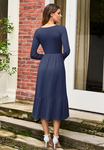 AUSELILY Womens Long Sleeve Dress 2025 V Neck Fall Dresses Casual Drawstring Empire Waist Midi Dress2