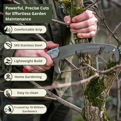 Image of Kraft Seeds Premium Curved Double Sided Pruning Saw, Tree Cutter Tools with Hooked Blade and Red Cover, Hand Saw Wood Cutter For Branch And Log Trimming