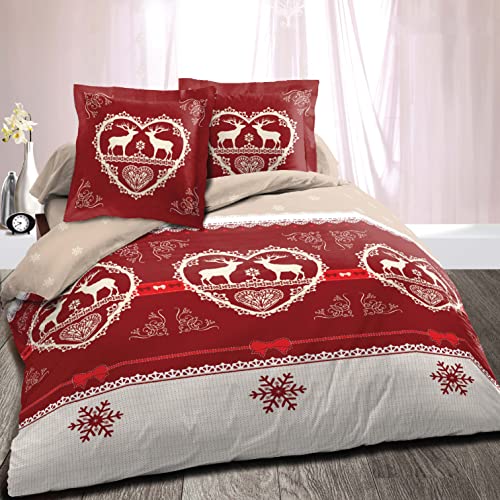 Alpes Blanc - Housse de Couette Chalet Winter Rouge + 2 Taies Carrées - 100% Coton Qualité Supérieure - Grand Teint - Parure Esprit Montagne - 200 x 200 cm
