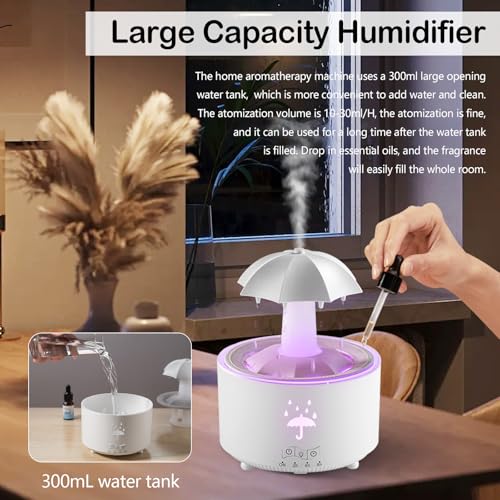 Regenschirm Luftbefeuchter, Regenwolken-Luftbefeuchter, Regengeräusche Zum Schlafen, Rain Cloud Humidifier Regen Pilz Lampe mit 7 Farbe Licht, Regenschirm-Luftbefeuchter 350ml, Öl Diffuser