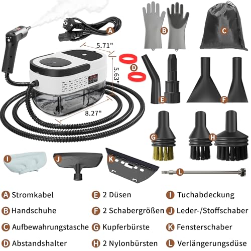 Dampfreiniger Handgerät, 2500W Handdampfreiniger mit 1,6-Liter-Wassertank, 15 Sekunden Aufheizzeit, Dampfabgabe vom Handgriff aus, 16 Zubehörteilen, Steam Cleaner für Alles, Autos (Weiß + Schwarz)