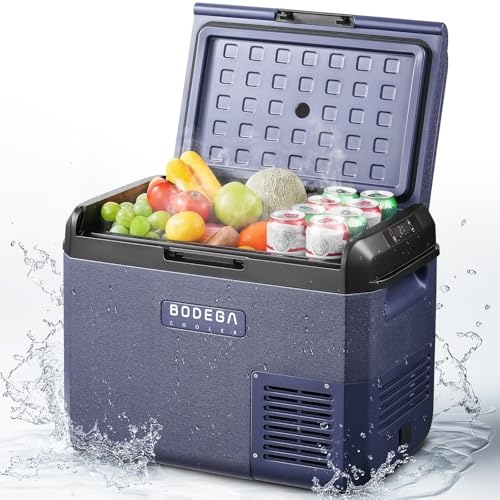 BODEGA 12 Volt Car Refrigerator 32 QT Portable Freezer IPX4 Waterproof Car Fridge Electric Cooler for Truck Van Camping Travel DC Compressor Ultra-Quiet 31dB 12/24V DC 110-240 Volt AC,-4℉ to