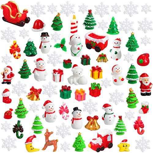 Kathfly 80 Pieces Christmas Miniature Figurines For Crafts Santa Snowman Mini Resin Landscape Bell Snowflake Christmas Tree Reindeer Gifts For Diy Crafts Winter Xmas Party Dollhouse Decor cover