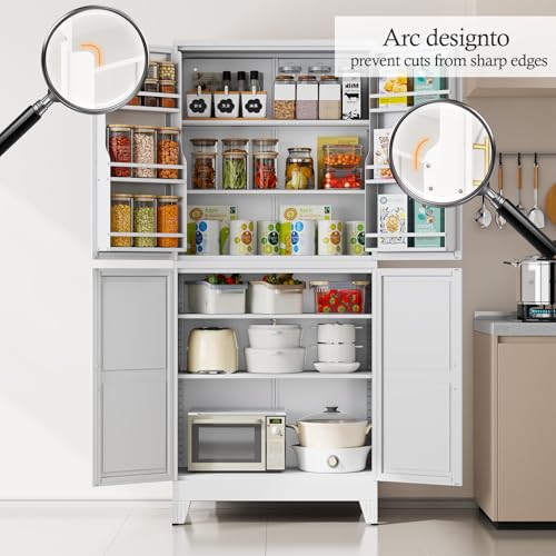 Image of White Pantry Storage Cabinet, 75 inch Kitchen Pantry with Doors and 3 Adjustable Shelves, Metal Freestanding Buffet Cupboards Sideboard, for Office, Home, Garage, School