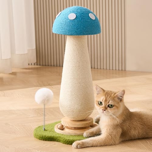Mushroom Cat Scratching Post Cat Tree 21.5 H Cute Cat Scratcher Tower with Durable Solid Wood Turntable Toy Mushroom Scratch Post Cat Sisal Scratcher with Catnip for Indoor Adult Cats-Blue