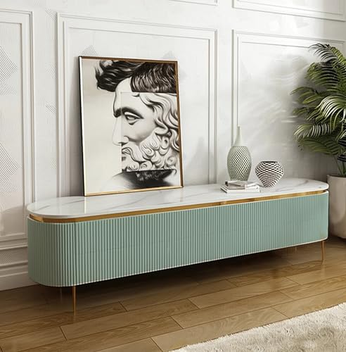 Image of Mazzo Modern TV Unit /Console - 70 inchx12 inchx18 inch White Marble Top with Golden Acrylic, Waterproof Plywood & Charcoal Louvers - Media Cabinet | Modern TV Stand Console Without Storage (Green)