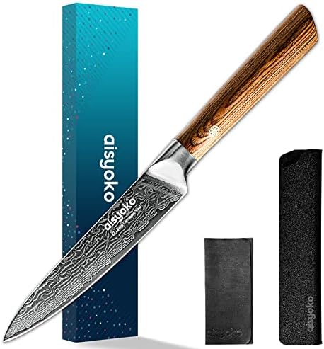 aisyoko Paring knife 5 inch sharp fruit utility knife-Japanese VG-10 super steel 67 layer Damascus steel knife-for carving and peeling-luxury gift box with color wooden handle-with scabbard