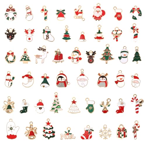 Amabro Lot de 50 pendentifs de Noël en émail - Petit pendentif de Noël - Breloques d'arbre de Noël - Mini sapin de Noël - Décoration de Noël pour cadeaux, Zinc, Mini breloques de Noël mignonnes